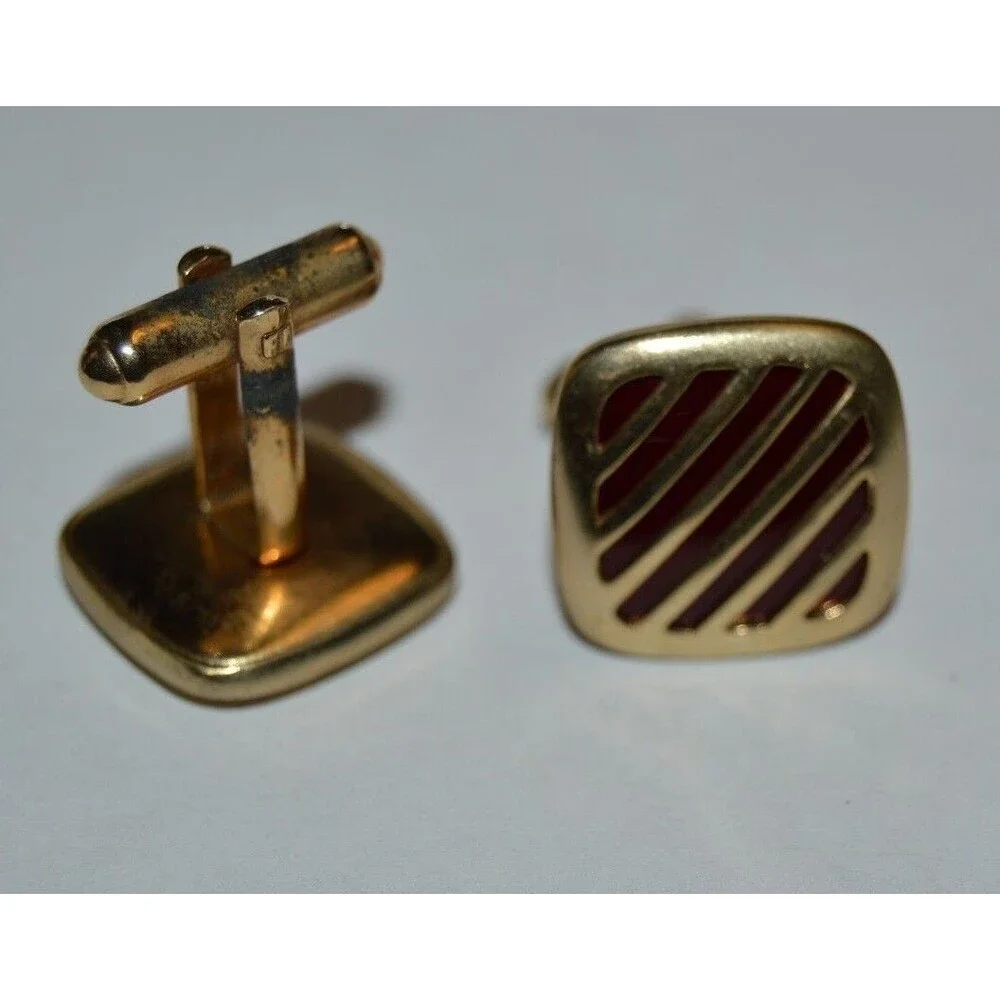 Vintage Brass with Red Accents 1960s Classic Men's Cuff Links & Tie Bar Set Rare
